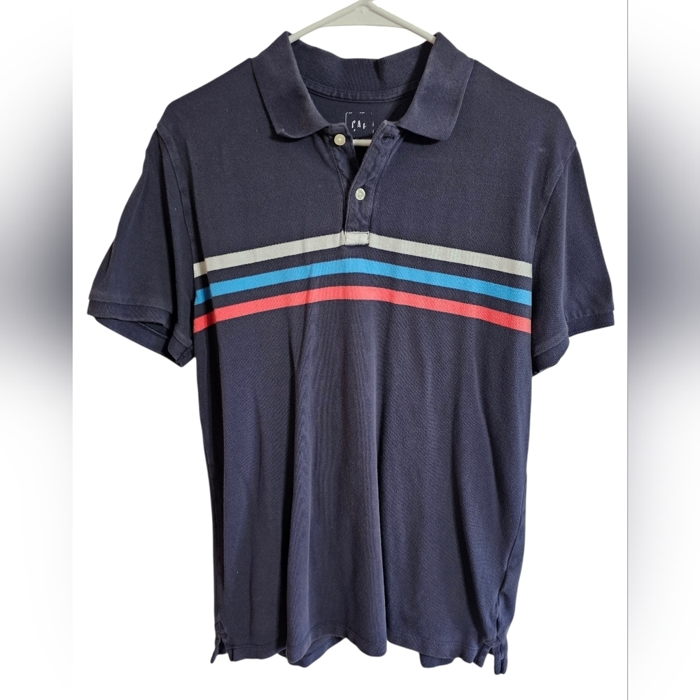 GAP Men’s Large Navy Stripe Polo Shirt 100% Cotton Retro Short Sleeve Vintage - Picture 2 of 7